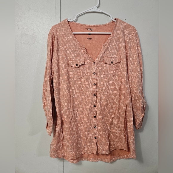 Indigo Tops - Indigo Polka Dot Peach Button Down Top!